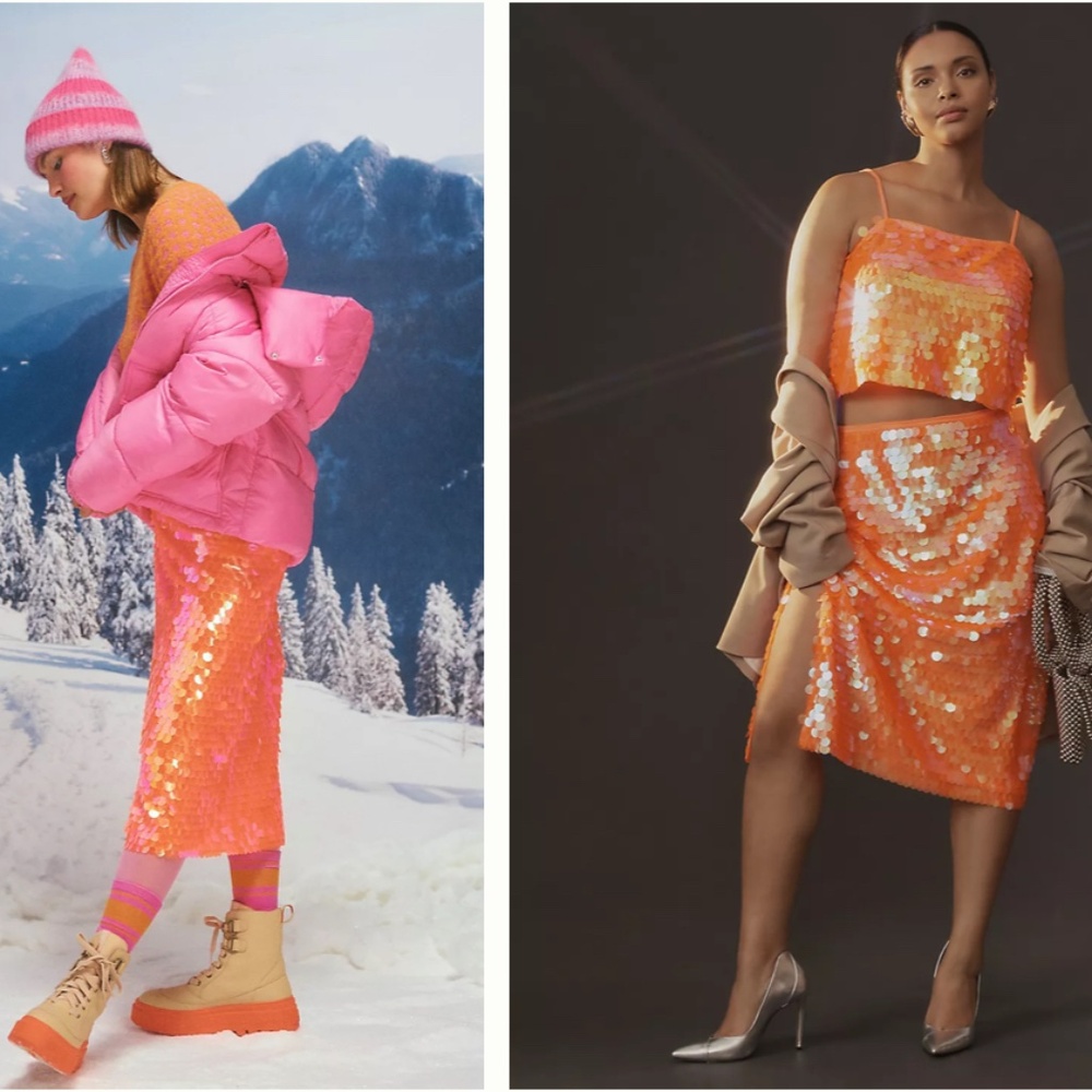 Anthropologie plus size neon orange paillette skirt big sequins 26W NWT mermaid